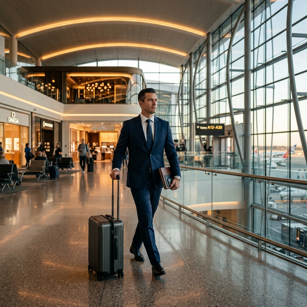 Business traveler in luxury airport terminal