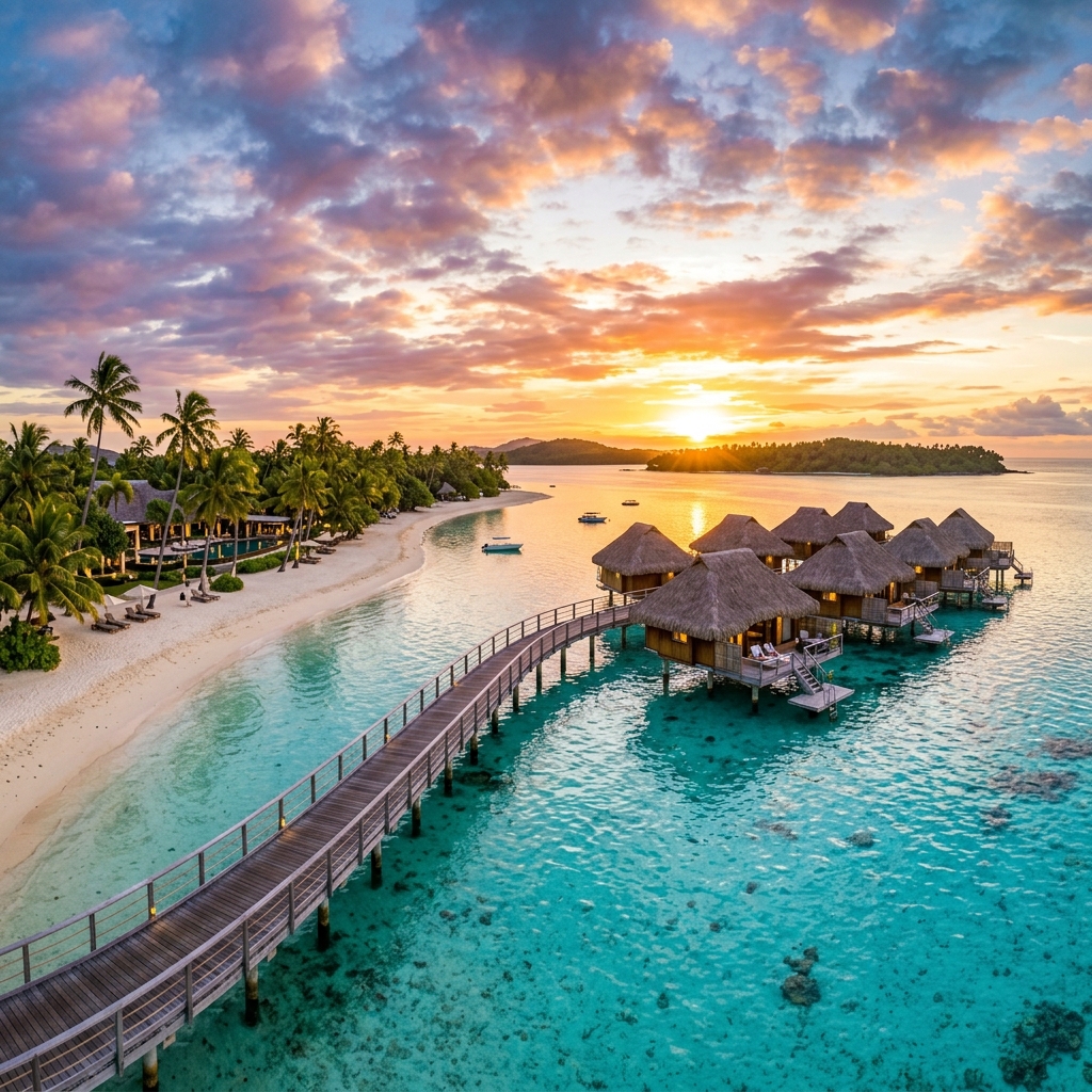 Luxury tropical beach resort at sunset